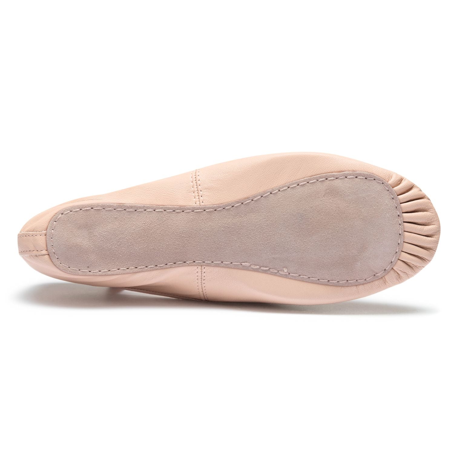 Unteransicht von Rumpfs 1003 Rosa Leder Ballettschläppchen mit Wildledersohle, ideal für Anfänger und Kinder.